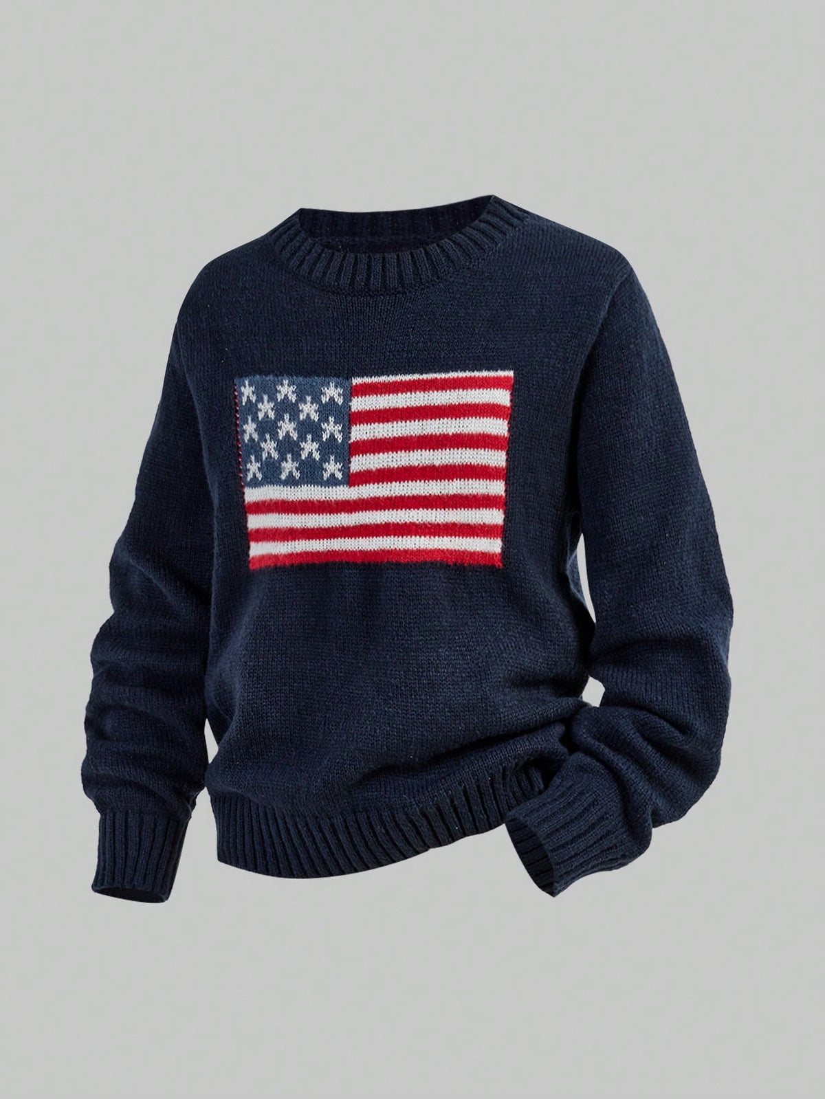 Girls American Flag Knit Sweater, Teens Round Neck Long Sleeve Star Striped Pullover Knit Top