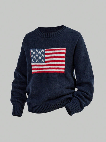 Girls American Flag Knit Sweater, Teens Round Neck Long Sleeve Star Striped Pullover Knit Top