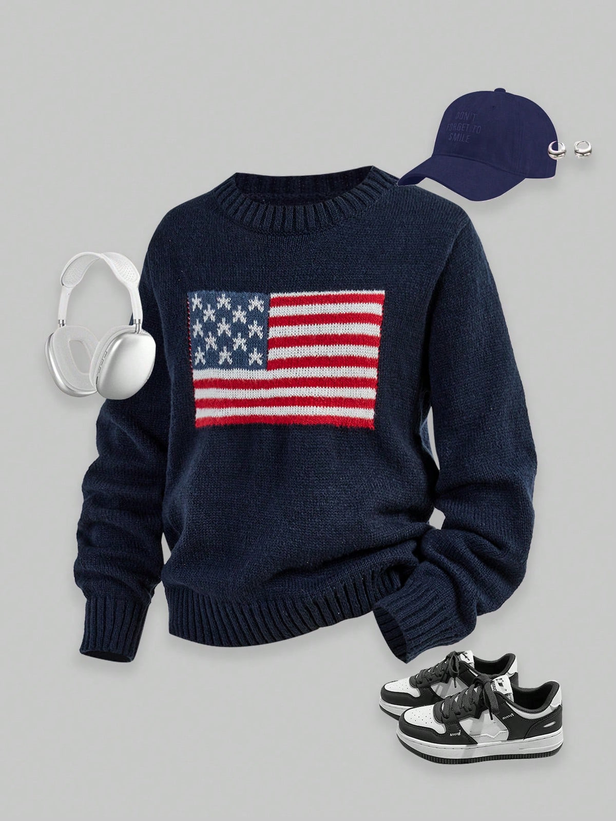 Girls American Flag Knit Sweater, Teens Round Neck Long Sleeve Star Striped Pullover Knit Top