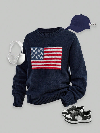 Girls American Flag Knit Sweater, Teens Round Neck Long Sleeve Star Striped Pullover Knit Top