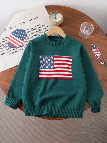 Girls American Flag Knit Sweater, Teens Round Neck Long Sleeve Star Striped Pullover Knit Top