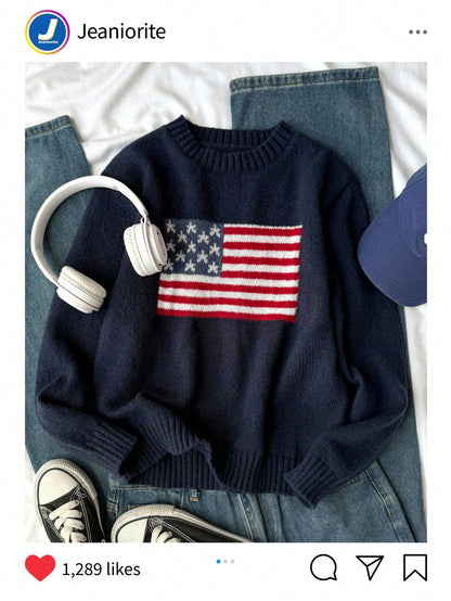 Girls American Flag Knit Sweater, Teens Round Neck Long Sleeve Star Striped Pullover Knit Top