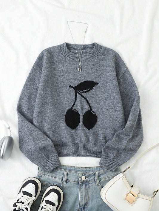 Girls' Autumn/Winter Fashion Minimalist Casual Cherry Pattern Jacquard Round Neck Grey Drop Shoulder Long Sleeve Knit Sweater