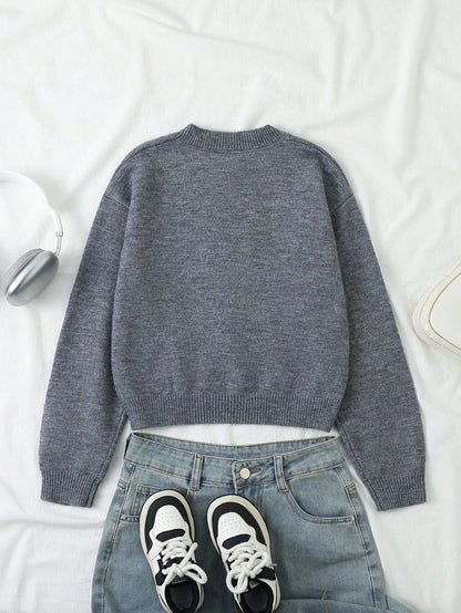 Girls' Autumn/Winter Fashion Minimalist Casual Cherry Pattern Jacquard Round Neck Grey Drop Shoulder Long Sleeve Knit Sweater