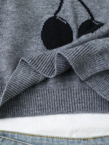 Girls' Autumn/Winter Fashion Minimalist Casual Cherry Pattern Jacquard Round Neck Grey Drop Shoulder Long Sleeve Knit Sweater