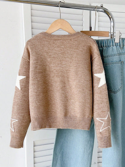 Girls' Autumn/Winter Fashion Minimalist Casual Cherry Pattern Jacquard Round Neck Grey Drop Shoulder Long Sleeve Knit Sweater