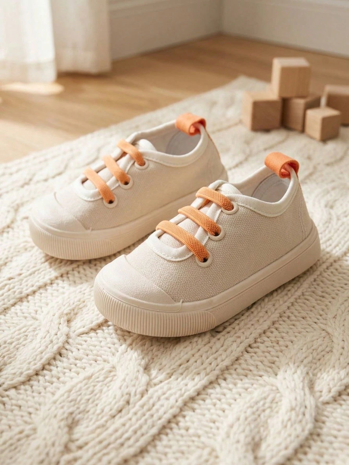 Girls' Beige-Orange Canvas Lace-Up Eyelet Low-Top Casual Sneakers, Lightweight Easy-To-Wear Energetic Preppy Style, Fashionable Versatile Cloth Shoes For Spring Campus And Outdoor Play