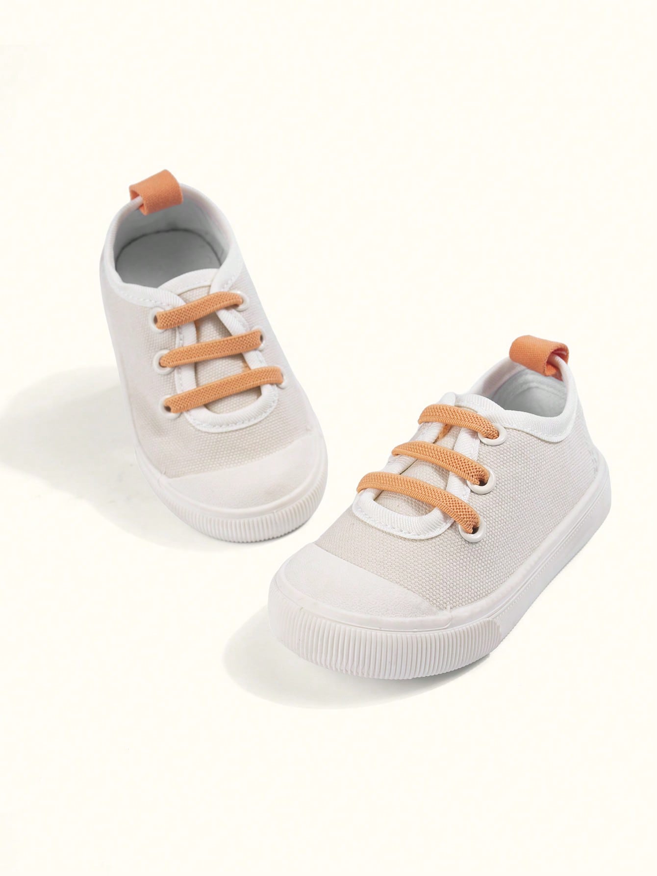 Girls' Beige-Orange Canvas Lace-Up Eyelet Low-Top Casual Sneakers, Lightweight Easy-To-Wear Energetic Preppy Style, Fashionable Versatile Cloth Shoes For Spring Campus And Outdoor Play