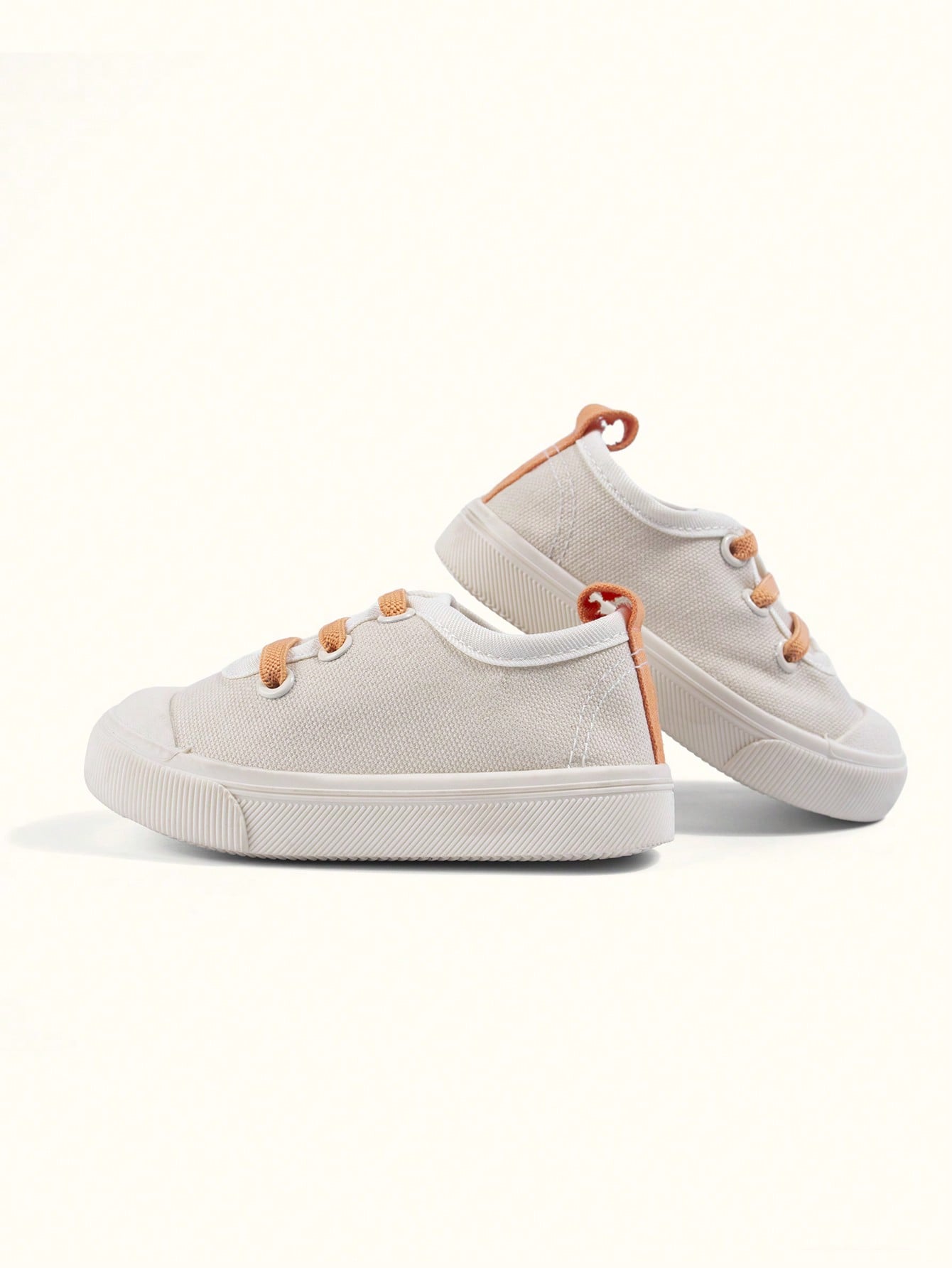 Girls' Beige-Orange Canvas Lace-Up Eyelet Low-Top Casual Sneakers, Lightweight Easy-To-Wear Energetic Preppy Style, Fashionable Versatile Cloth Shoes For Spring Campus And Outdoor Play
