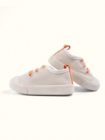 Girls' Beige-Orange Canvas Lace-Up Eyelet Low-Top Casual Sneakers, Lightweight Easy-To-Wear Energetic Preppy Style, Fashionable Versatile Cloth Shoes For Spring Campus And Outdoor Play