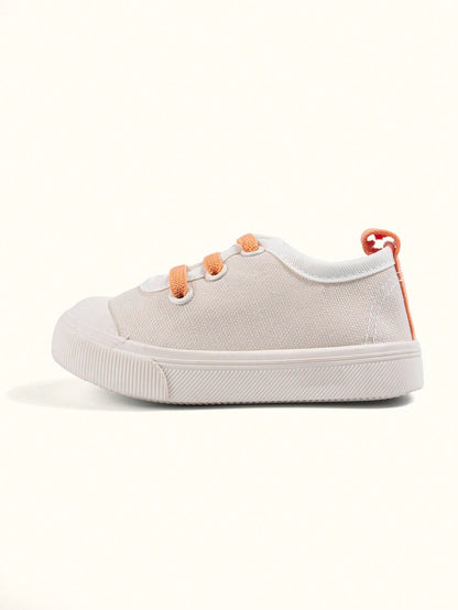 Girls' Beige-Orange Canvas Lace-Up Eyelet Low-Top Casual Sneakers, Lightweight Easy-To-Wear Energetic Preppy Style, Fashionable Versatile Cloth Shoes For Spring Campus And Outdoor Play