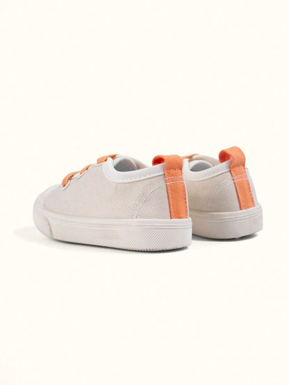 Girls' Beige-Orange Canvas Lace-Up Eyelet Low-Top Casual Sneakers, Lightweight Easy-To-Wear Energetic Preppy Style, Fashionable Versatile Cloth Shoes For Spring Campus And Outdoor Play