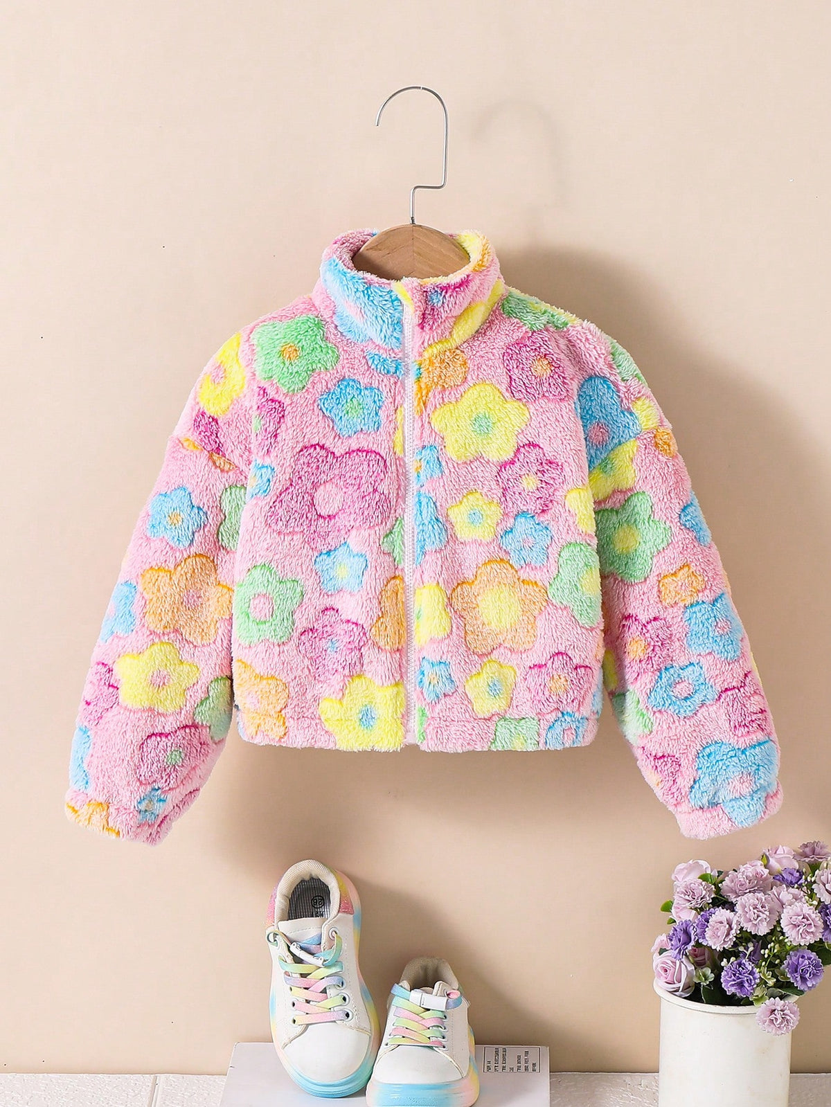 Girls Colorful Flower Pattern Stand Collar Long Sleeve Zip Up Thermal Teddy Jacket,Kids Fuzzy Fleece For Autumn,Career Day,Christmas,Winter