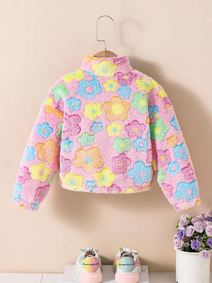 Girls Colorful Flower Pattern Stand Collar Long Sleeve Zip Up Thermal Teddy Jacket,Kids Fuzzy Fleece For Autumn,Career Day,Christmas,Winter