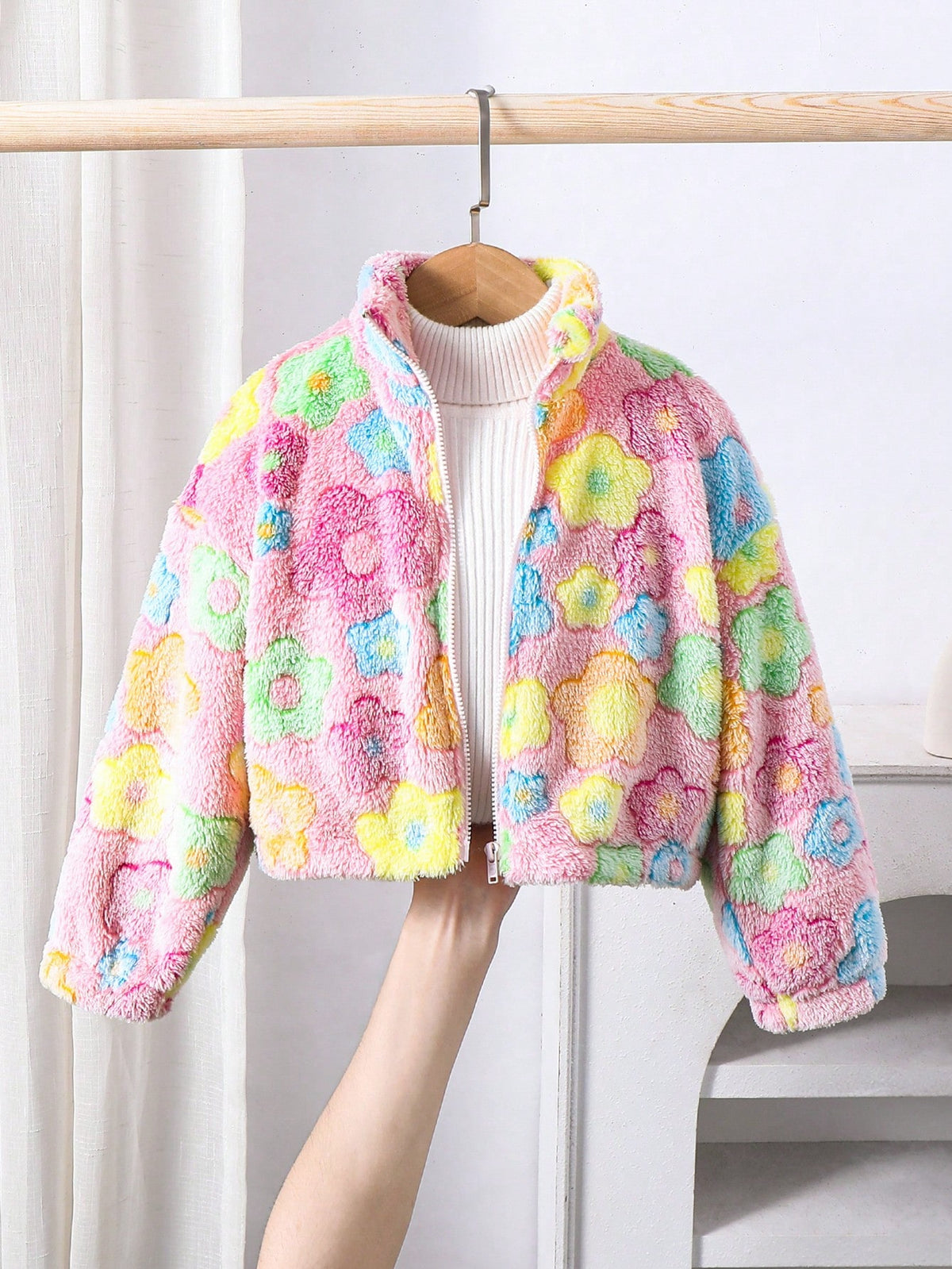 Girls Colorful Flower Pattern Stand Collar Long Sleeve Zip Up Thermal Teddy Jacket,Kids Fuzzy Fleece For Autumn,Career Day,Christmas,Winter
