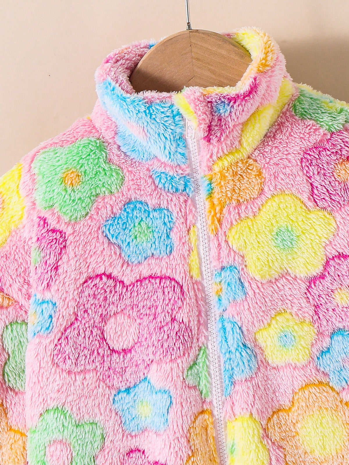 Girls Colorful Flower Pattern Stand Collar Long Sleeve Zip Up Thermal Teddy Jacket,Kids Fuzzy Fleece For Autumn,Career Day,Christmas,Winter