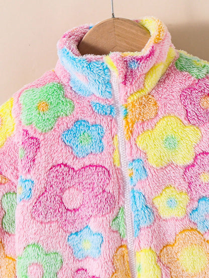 Girls Colorful Flower Pattern Stand Collar Long Sleeve Zip Up Thermal Teddy Jacket,Kids Fuzzy Fleece For Autumn,Career Day,Christmas,Winter