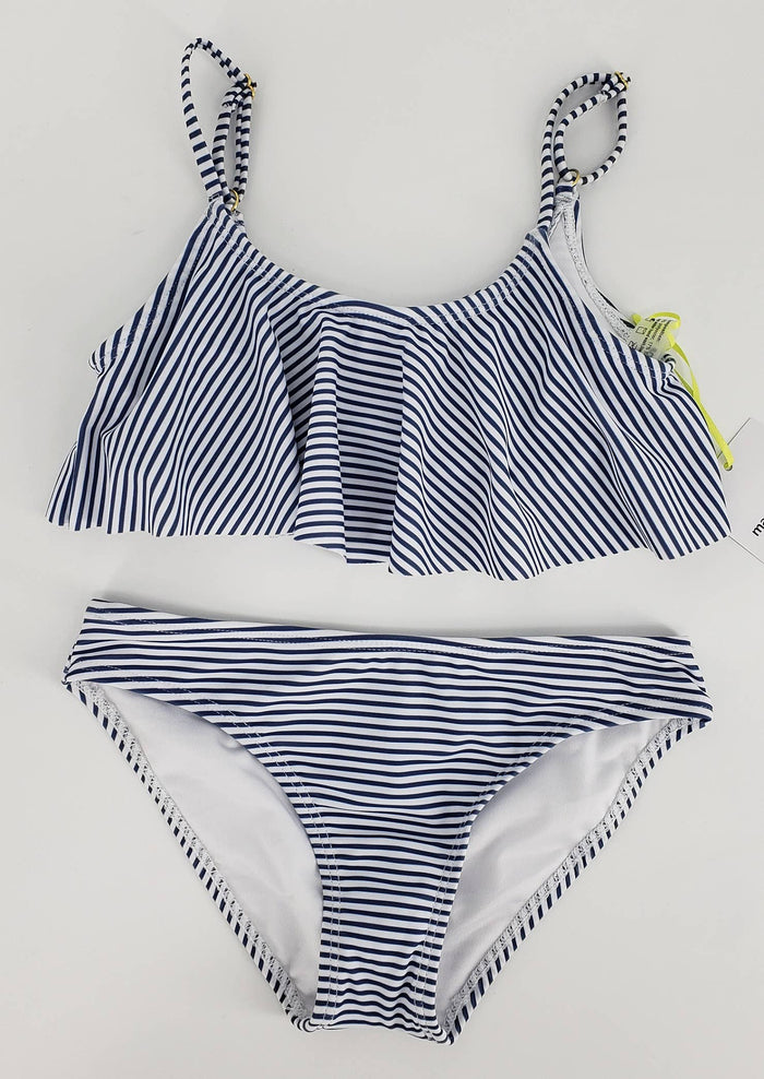 Girls Flutter top moderate two piece bikini - Stripe Navy