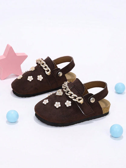 Girls' Formal Closed-Toe Mule Shoes, 2-Way Wear, Coffee Brown With Gold Rhinestone Chain Strap, 3D Heart And Flower Decor, Suitable For All Seasons