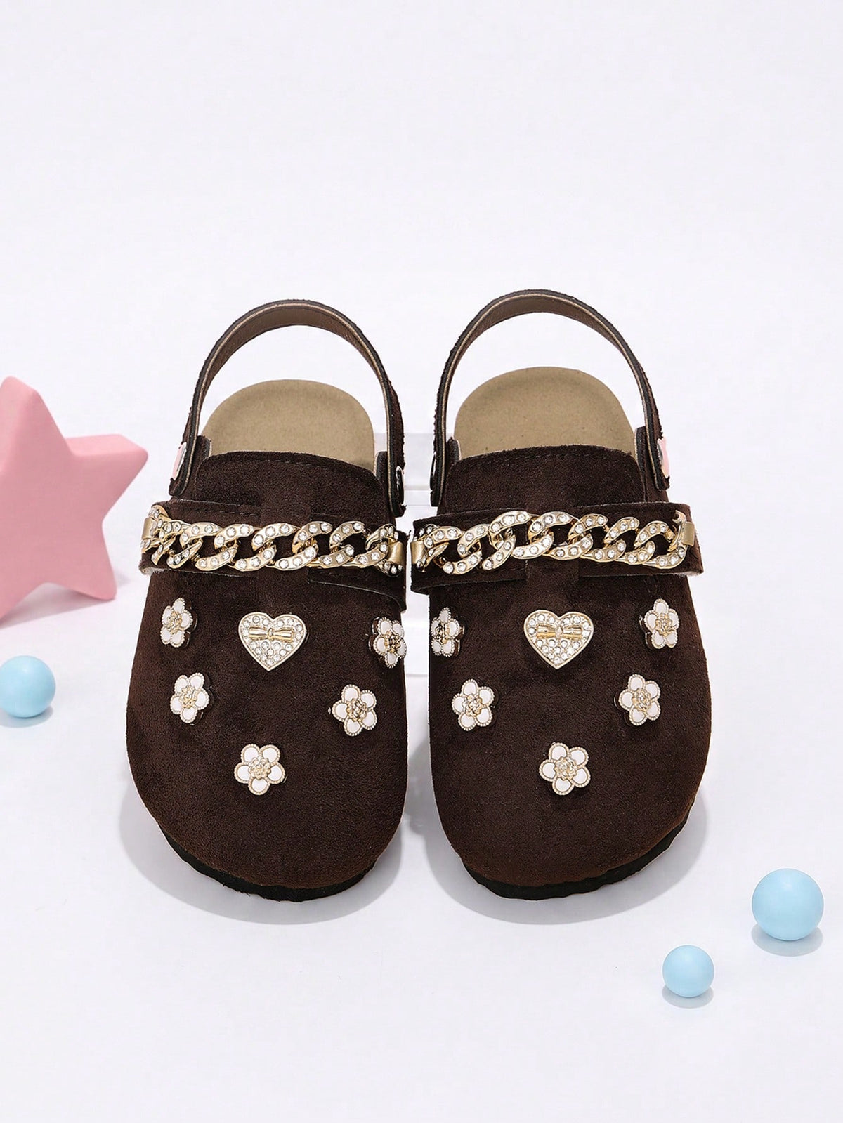 Girls' Formal Closed-Toe Mule Shoes, 2-Way Wear, Coffee Brown With Gold Rhinestone Chain Strap, 3D Heart And Flower Decor, Suitable For All Seasons
