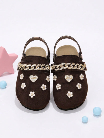 Girls' Formal Closed-Toe Mule Shoes, 2-Way Wear, Coffee Brown With Gold Rhinestone Chain Strap, 3D Heart And Flower Decor, Suitable For All Seasons