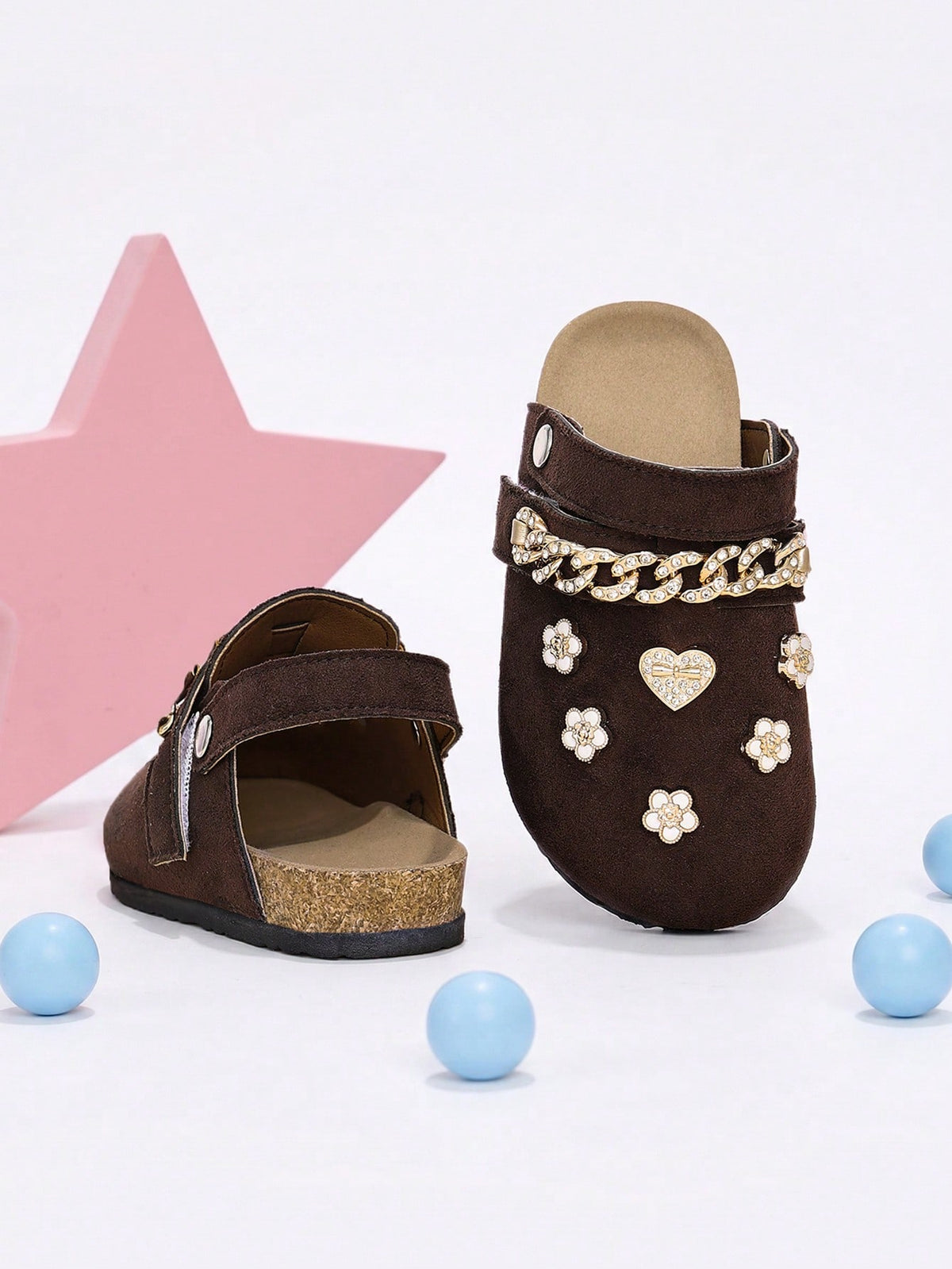 Girls' Formal Closed-Toe Mule Shoes, 2-Way Wear, Coffee Brown With Gold Rhinestone Chain Strap, 3D Heart And Flower Decor, Suitable For All Seasons