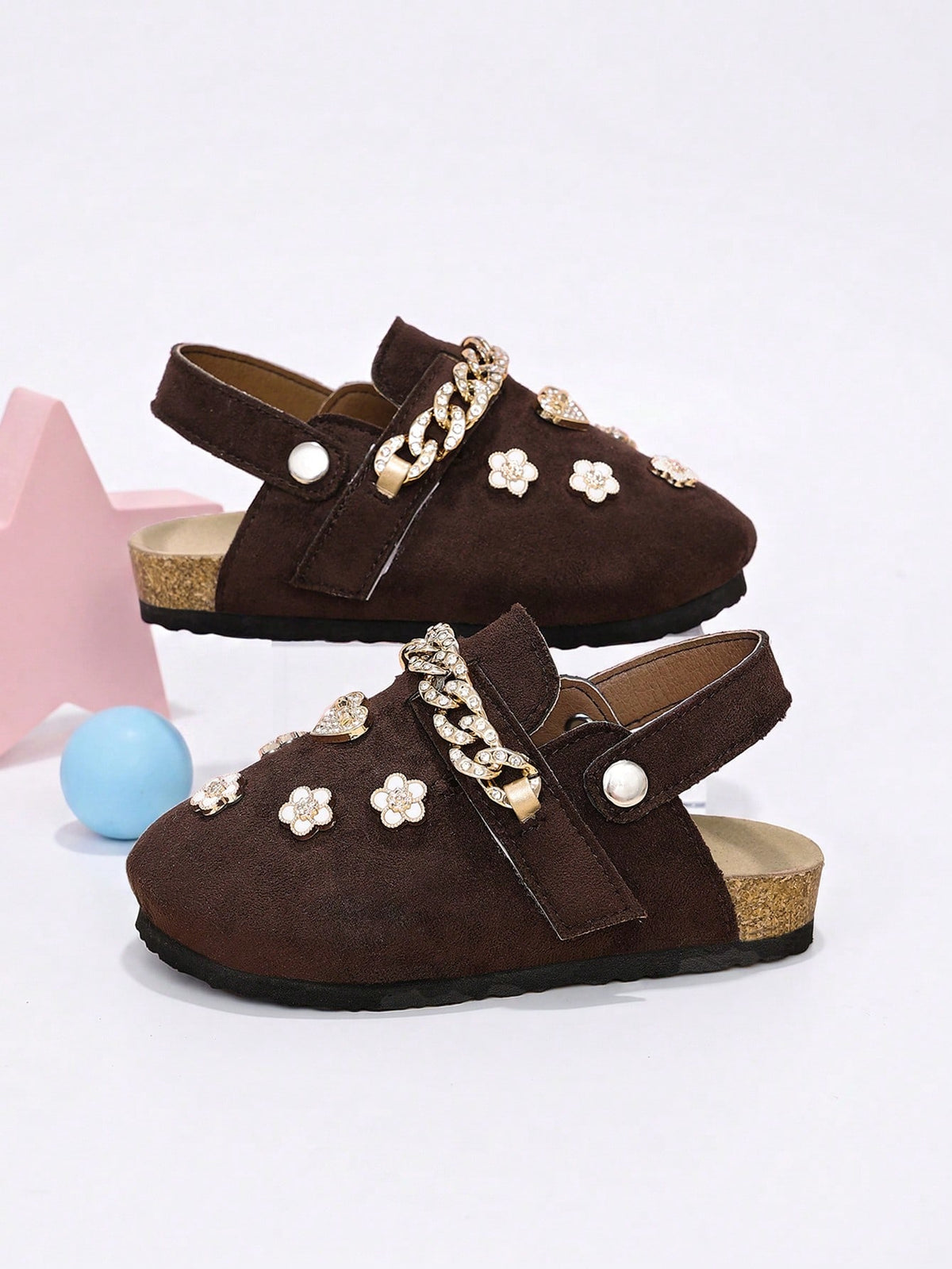 Girls' Formal Closed-Toe Mule Shoes, 2-Way Wear, Coffee Brown With Gold Rhinestone Chain Strap, 3D Heart And Flower Decor, Suitable For All Seasons