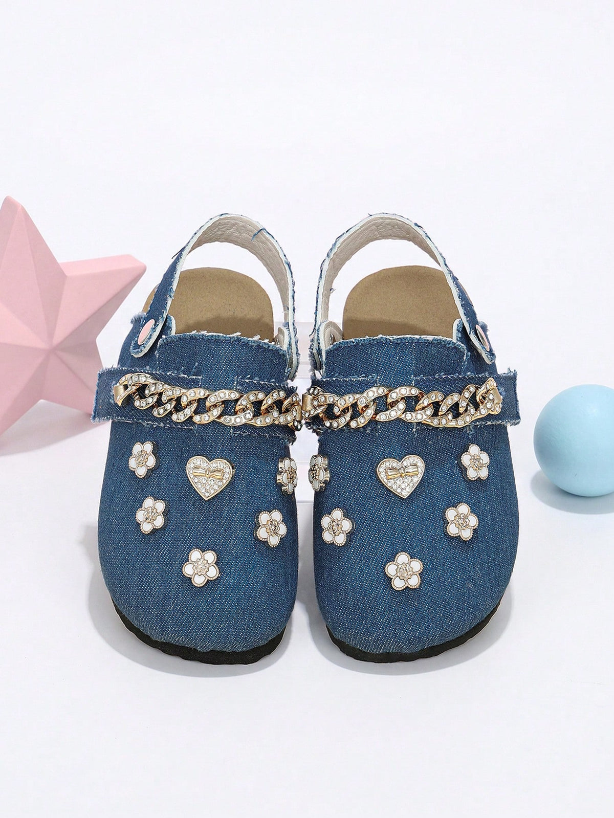 Girls' Formal Closed-Toe Mule Shoes, 2-Way Wear, Coffee Brown With Gold Rhinestone Chain Strap, 3D Heart And Flower Decor, Suitable For All Seasons