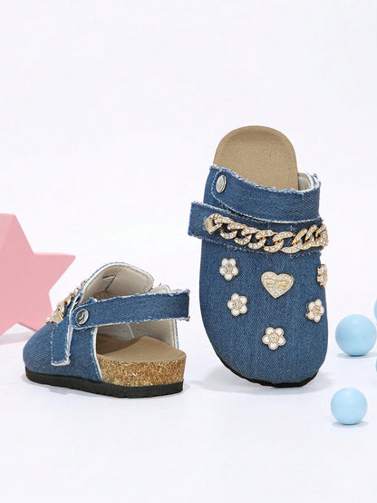 Girls' Formal Closed-Toe Mule Shoes, 2-Way Wear, Coffee Brown With Gold Rhinestone Chain Strap, 3D Heart And Flower Decor, Suitable For All Seasons