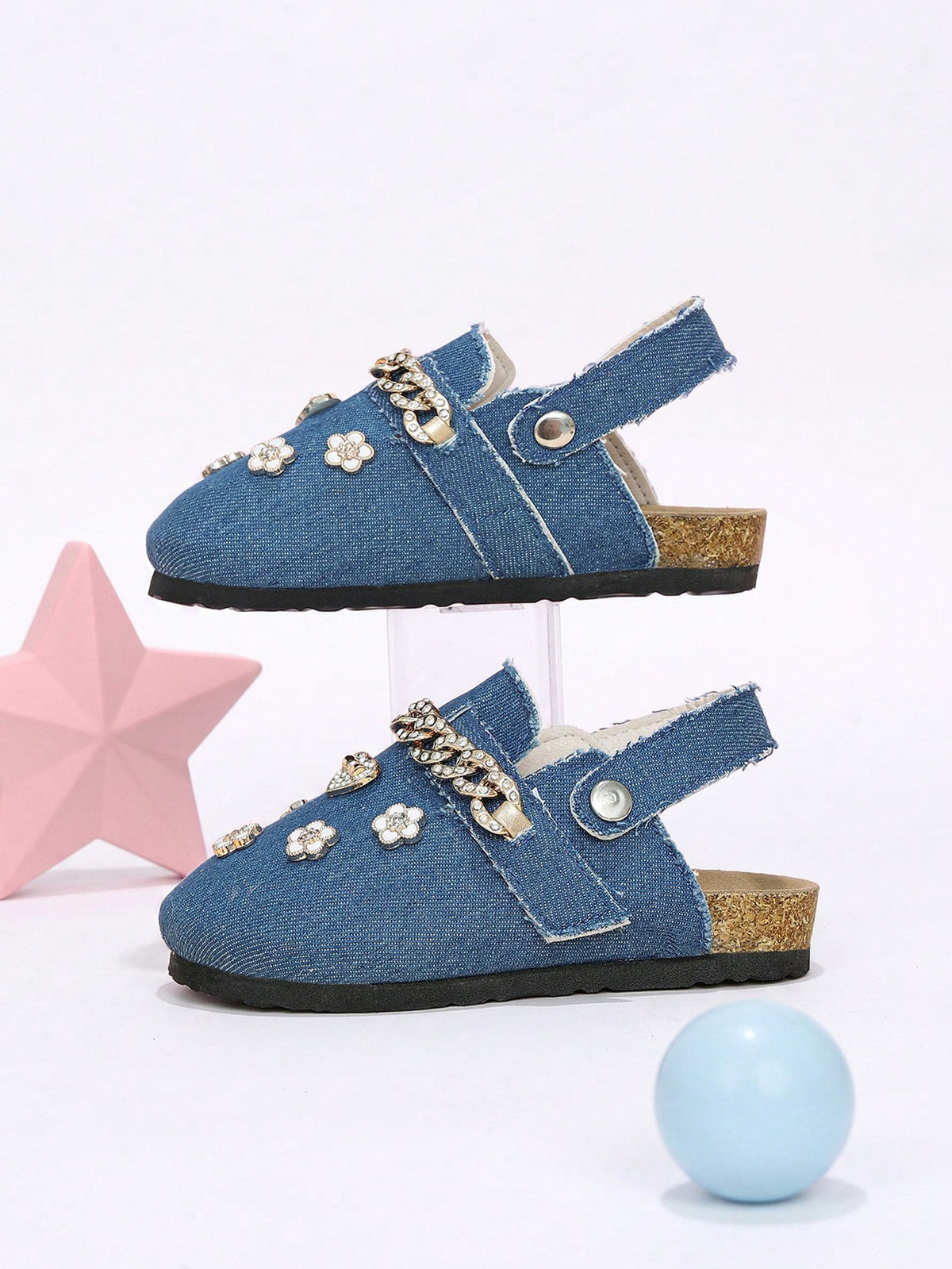 Girls' Formal Closed-Toe Mule Shoes, 2-Way Wear, Coffee Brown With Gold Rhinestone Chain Strap, 3D Heart And Flower Decor, Suitable For All Seasons
