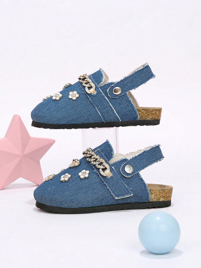 Girls' Formal Closed-Toe Mule Shoes, 2-Way Wear, Coffee Brown With Gold Rhinestone Chain Strap, 3D Heart And Flower Decor, Suitable For All Seasons