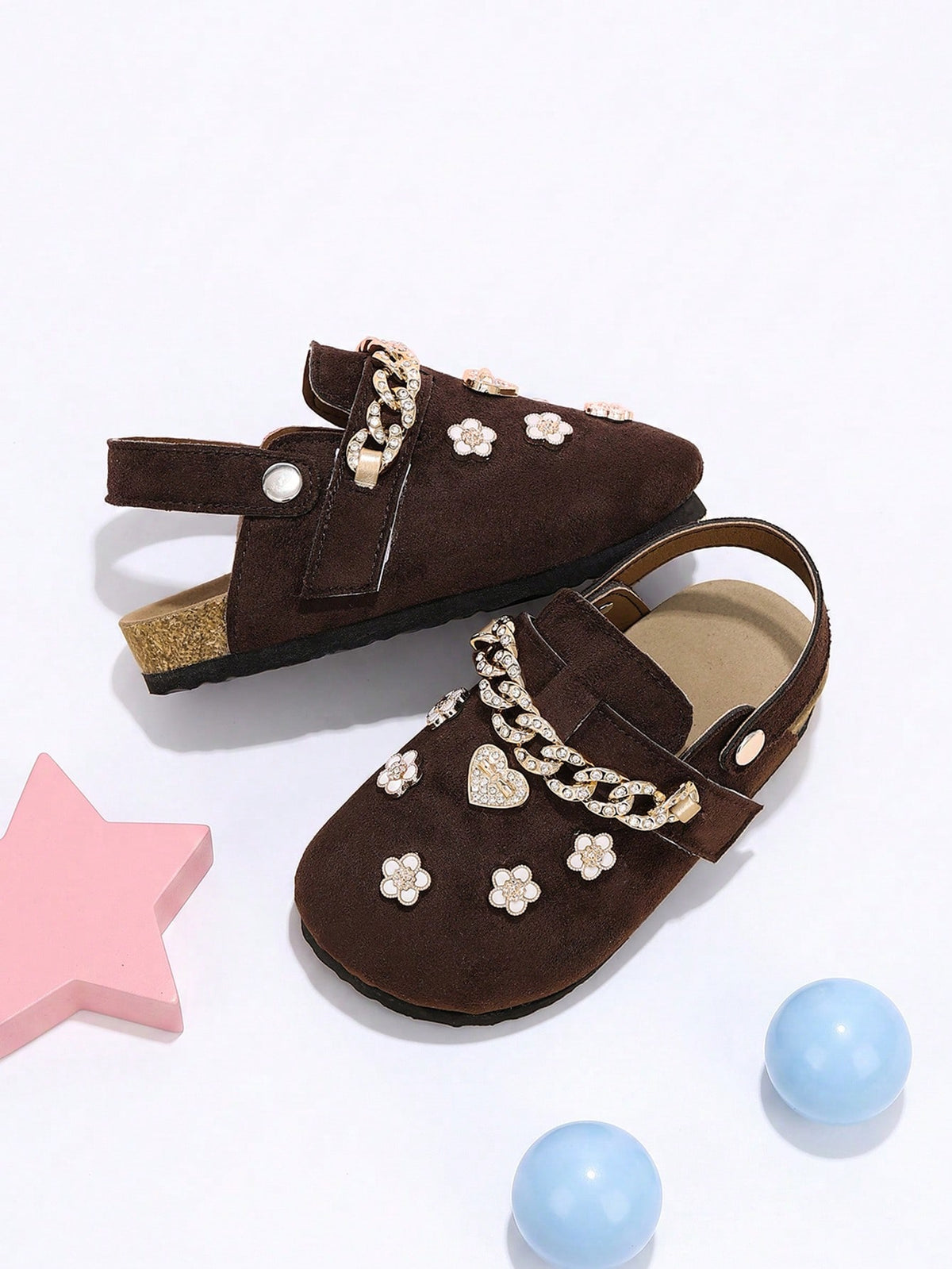 Girls' Formal Closed-Toe Mule Shoes, 2-Way Wear, Coffee Brown With Gold Rhinestone Chain Strap, 3D Heart And Flower Decor, Suitable For All Seasons