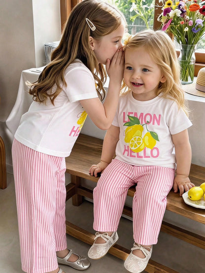 Girls' Summer Short Sleeve 2-Piece Set, Pure Lemon Pink Striped Round Neck T-Shirt With Letter Print, Vertical Striped Loose Long Pants, Cute Casual