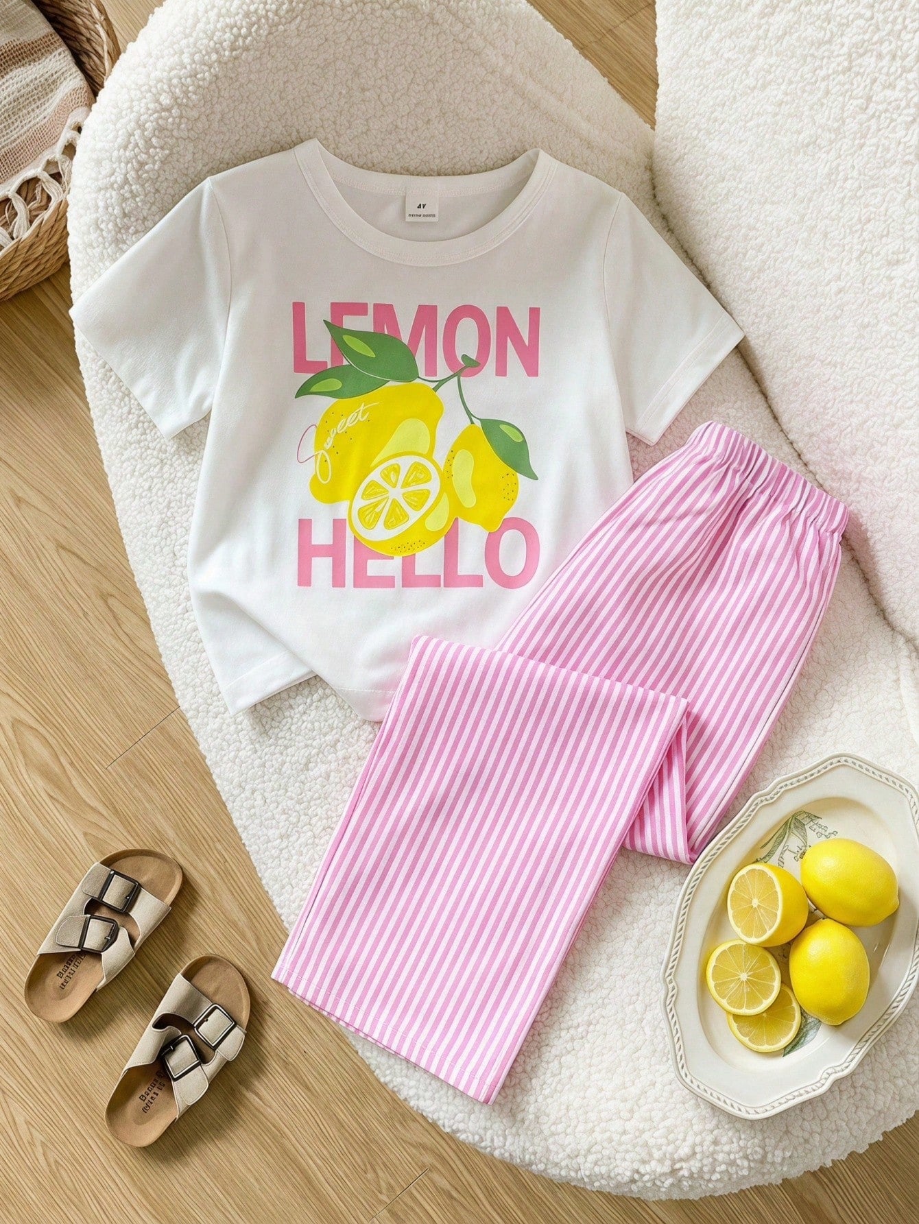 Girls' Summer Short Sleeve 2-Piece Set, Pure Lemon Pink Striped Round Neck T-Shirt With Letter Print, Vertical Striped Loose Long Pants, Cute Casual