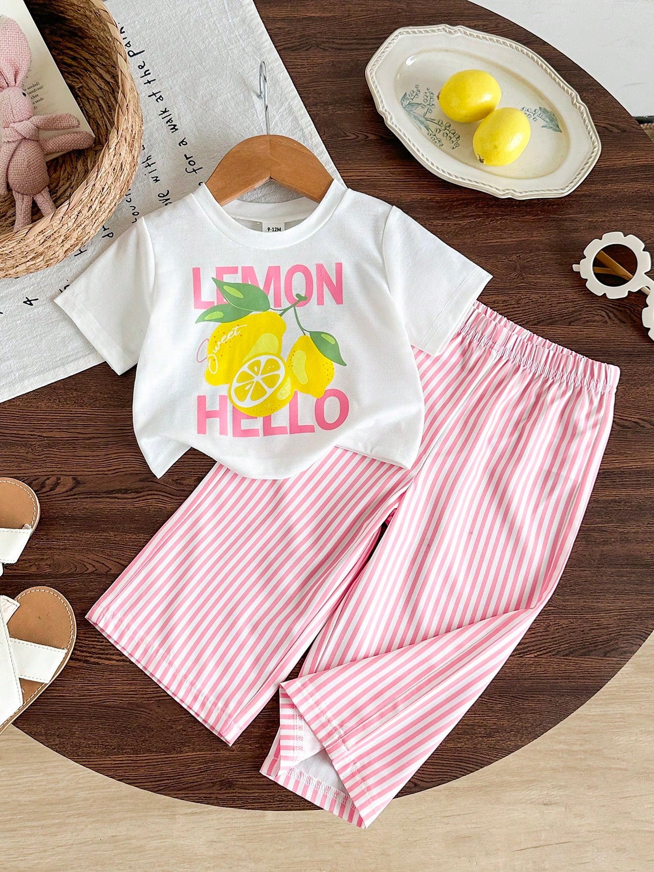 Girls' Summer Short Sleeve 2-Piece Set, Pure Lemon Pink Striped Round Neck T-Shirt With Letter Print, Vertical Striped Loose Long Pants, Cute Casual