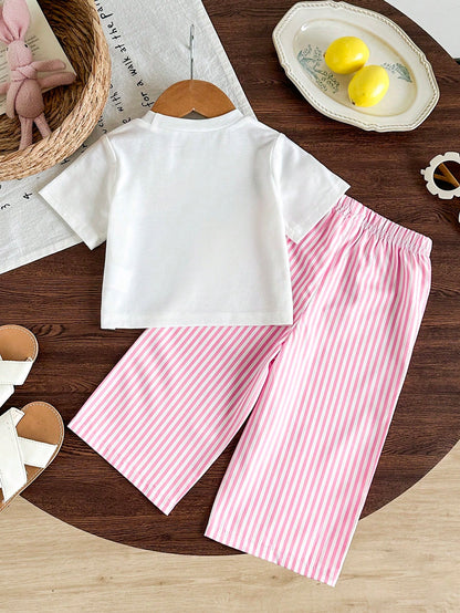 Girls' Summer Short Sleeve 2-Piece Set, Pure Lemon Pink Striped Round Neck T-Shirt With Letter Print, Vertical Striped Loose Long Pants, Cute Casual