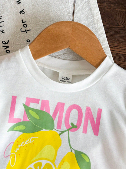 Girls' Summer Short Sleeve 2-Piece Set, Pure Lemon Pink Striped Round Neck T-Shirt With Letter Print, Vertical Striped Loose Long Pants, Cute Casual