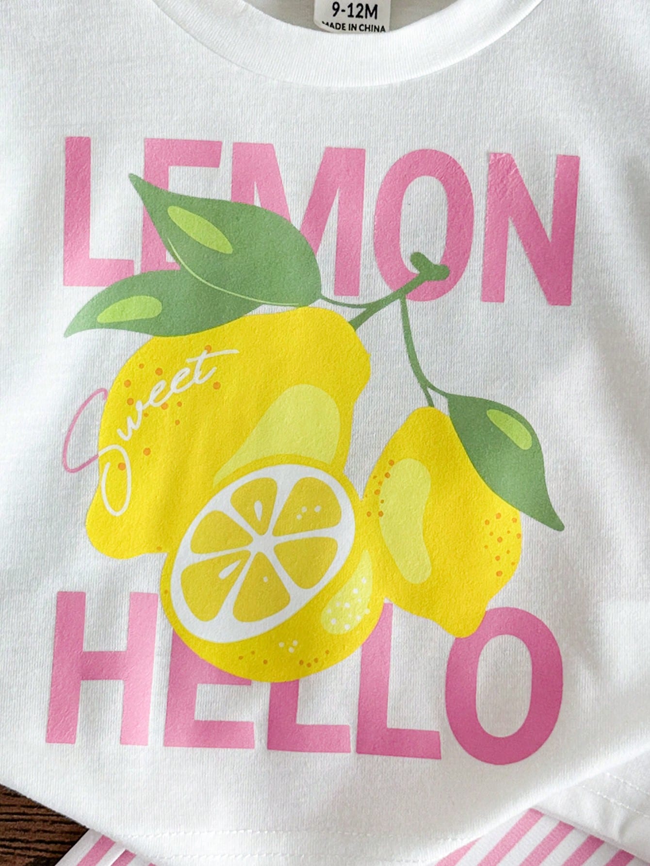 Girls' Summer Short Sleeve 2-Piece Set, Pure Lemon Pink Striped Round Neck T-Shirt With Letter Print, Vertical Striped Loose Long Pants, Cute Casual