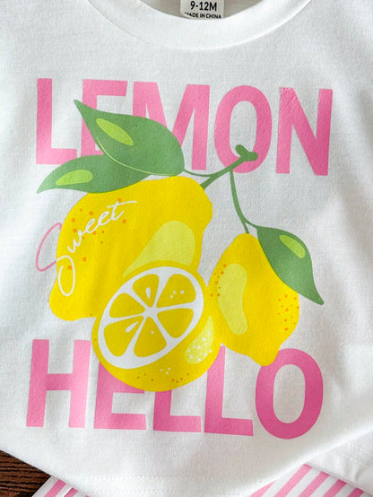 Girls' Summer Short Sleeve 2-Piece Set, Pure Lemon Pink Striped Round Neck T-Shirt With Letter Print, Vertical Striped Loose Long Pants, Cute Casual