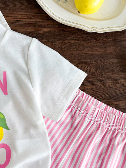 Girls' Summer Short Sleeve 2-Piece Set, Pure Lemon Pink Striped Round Neck T-Shirt With Letter Print, Vertical Striped Loose Long Pants, Cute Casual