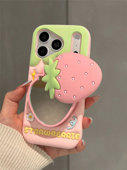 Girly 3D Strawberry Stand Phone Case Compatible With IPhone 17 Pro Max, 16 Pro Max, 15 Pro Max, 14 Pro Max, 13 Pro Max, 13, Creative Fresh Cute Silicone Shockproof Protective Cover