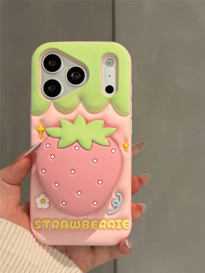 Girly 3D Strawberry Stand Phone Case Compatible With IPhone 17 Pro Max, 16 Pro Max, 15 Pro Max, 14 Pro Max, 13 Pro Max, 13, Creative Fresh Cute Silicone Shockproof Protective Cover