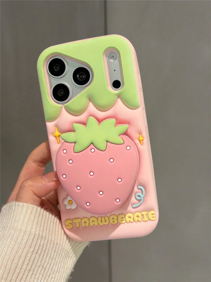 Girly 3D Strawberry Stand Phone Case Compatible With IPhone 17 Pro Max, 16 Pro Max, 15 Pro Max, 14 Pro Max, 13 Pro Max, 13, Creative Fresh Cute Silicone Shockproof Protective Cover