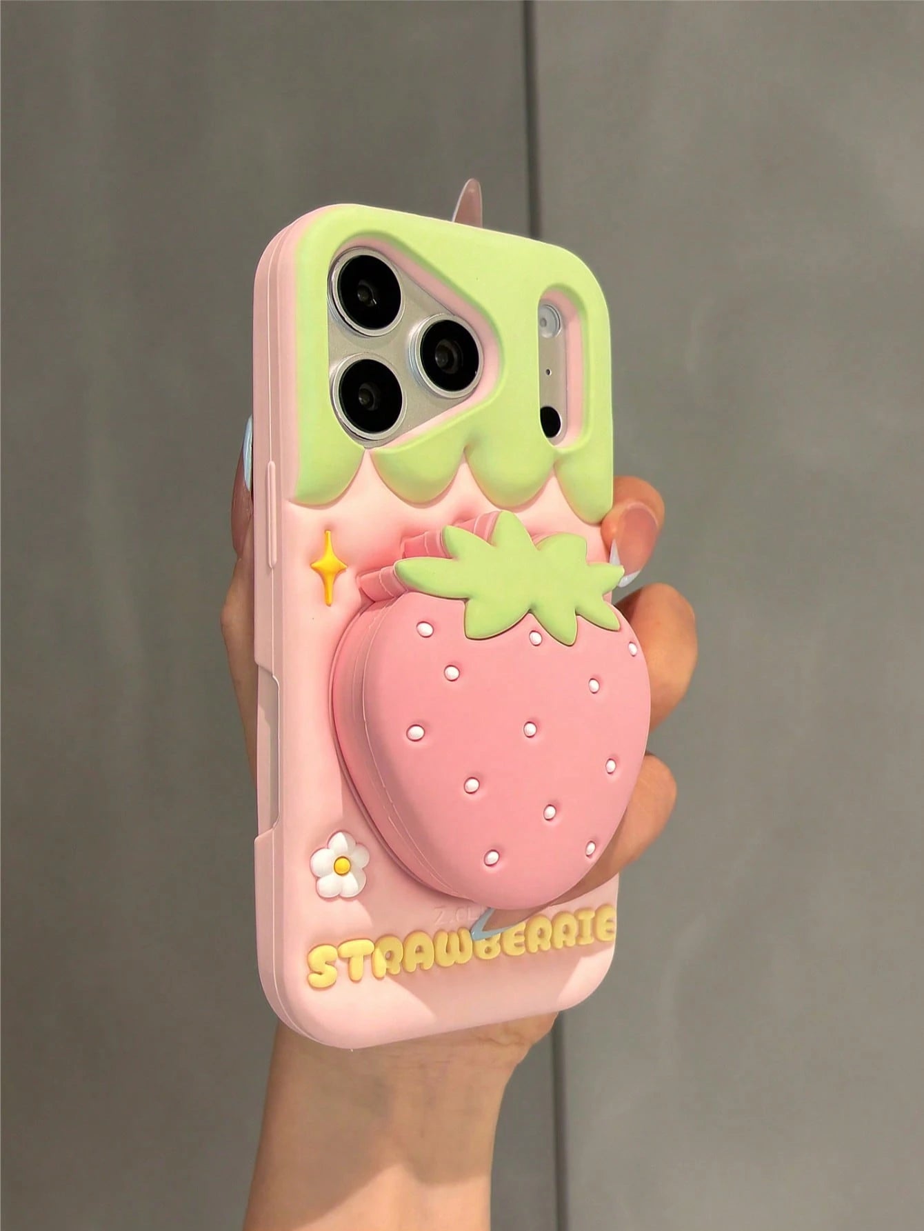 Girly 3D Strawberry Stand Phone Case Compatible With IPhone 17 Pro Max, 16 Pro Max, 15 Pro Max, 14 Pro Max, 13 Pro Max, 13, Creative Fresh Cute Silicone Shockproof Protective Cover