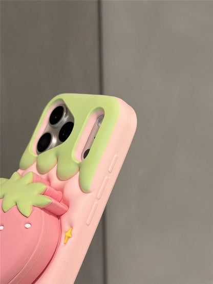 Girly 3D Strawberry Stand Phone Case Compatible With IPhone 17 Pro Max, 16 Pro Max, 15 Pro Max, 14 Pro Max, 13 Pro Max, 13, Creative Fresh Cute Silicone Shockproof Protective Cover