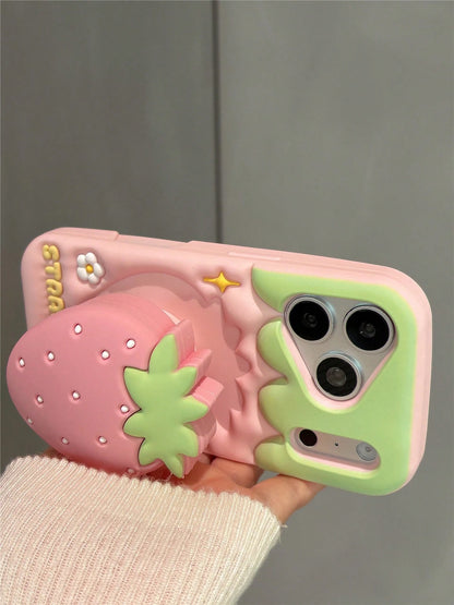 Girly 3D Strawberry Stand Phone Case Compatible With IPhone 17 Pro Max, 16 Pro Max, 15 Pro Max, 14 Pro Max, 13 Pro Max, 13, Creative Fresh Cute Silicone Shockproof Protective Cover