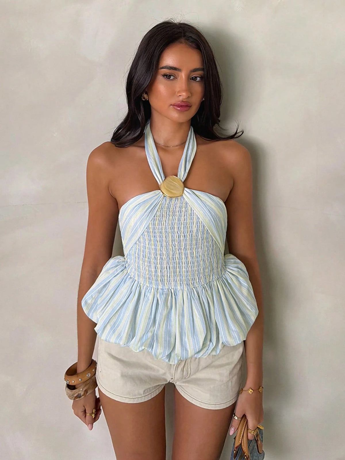Glamine Charm Women's Blue And Yellow Striped Halter Top,Summer Boho Holiday Vacation,Metal Buckle Smocked Back Flared Ruffle Hem Backless Sleeveless Resort Top