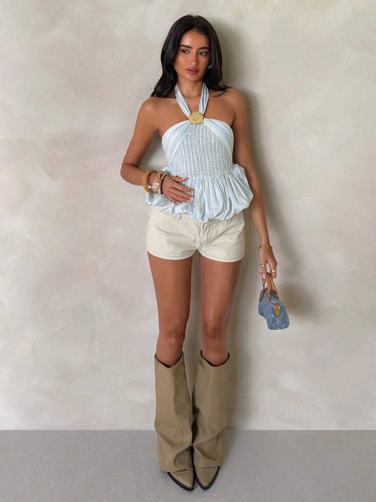 Glamine Charm Women's Blue And Yellow Striped Halter Top,Summer Boho Holiday Vacation,Metal Buckle Smocked Back Flared Ruffle Hem Backless Sleeveless Resort Top