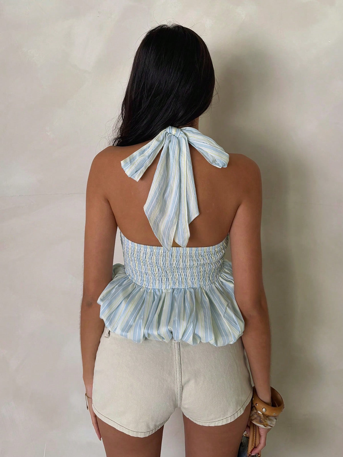 Glamine Charm Women's Blue And Yellow Striped Halter Top,Summer Boho Holiday Vacation,Metal Buckle Smocked Back Flared Ruffle Hem Backless Sleeveless Resort Top