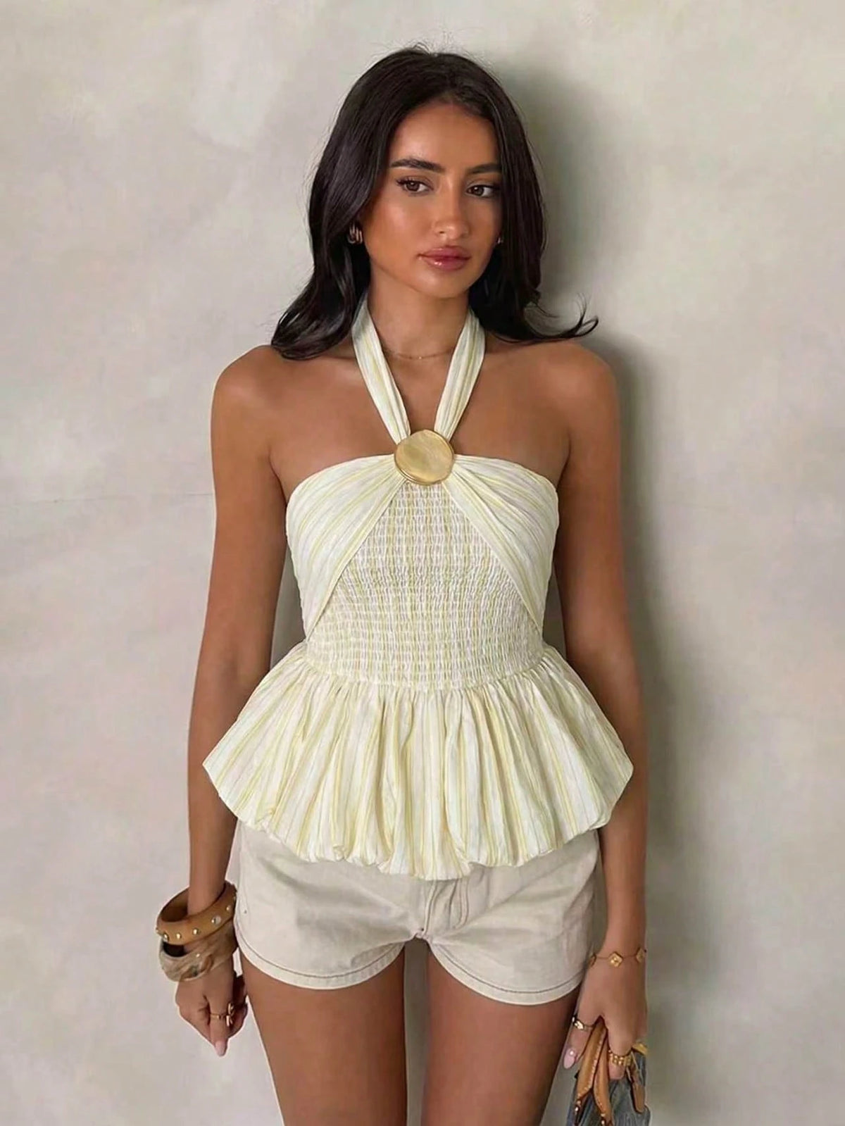 Glamine Charm Women's Blue And Yellow Striped Halter Top,Summer Boho Holiday Vacation,Metal Buckle Smocked Back Flared Ruffle Hem Backless Sleeveless Resort Top